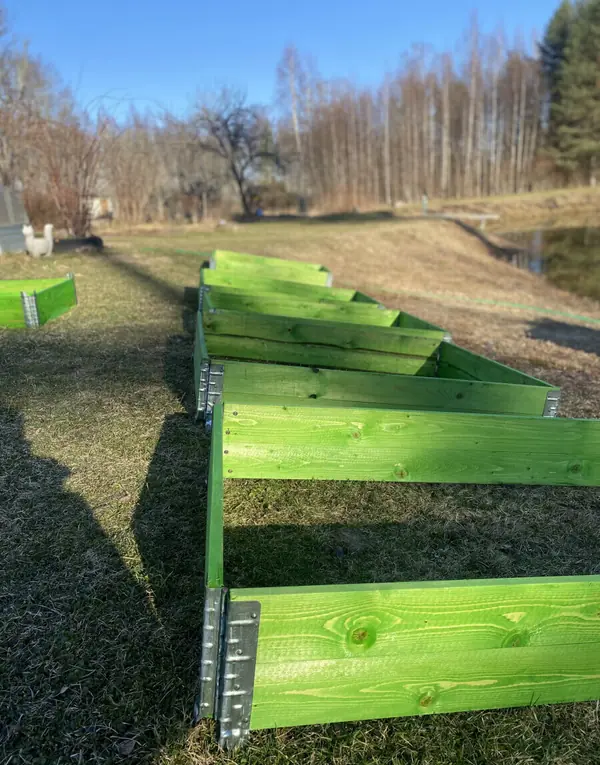 Rida värskelt roheliseks värvitud puidust peenrakaste kevadisel murul tiigi ääres.