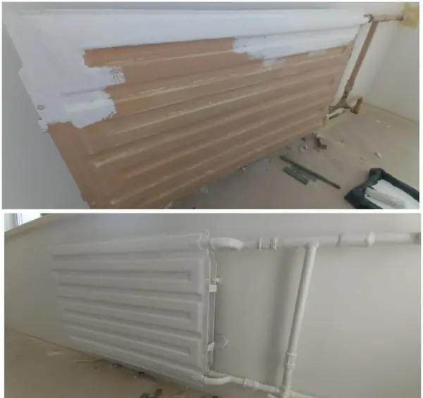 Vana pruun malmradiaator ja torustik enne värvimist ning sama radiaator valgeks värvitult.