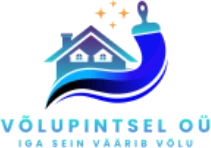 Võlupintsel OÜ logo: sinine pintslitõmme maja kohal.